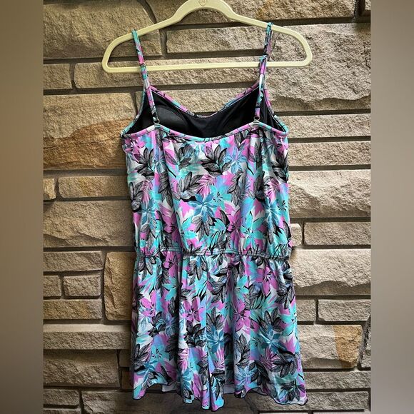 A Shore Fit! Swimsuit Romper Modest Swim Tropical Floral Blue Purple 16 - Picture 2 of 5